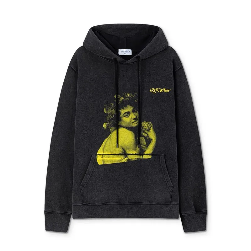 Off - White Black Washed Hoodie With Vintage Art Graphic And Brand Logo #A54246