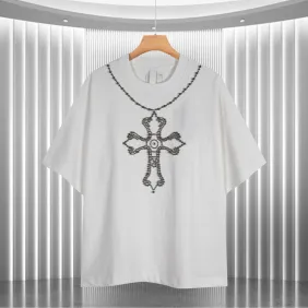 Chrome Hearts T-shirt for MEN Rhinestone Cross &amp; Necklace Inspired Design Black/White #A54218