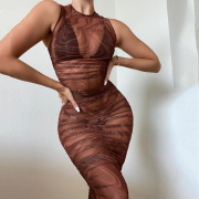 New printed dress net celebrity sexy hot girl see-through mesh vest one-step skirt #999902673