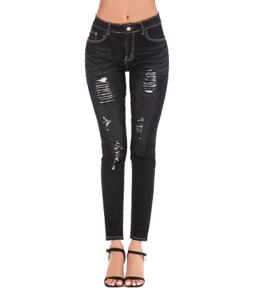 Foreign trade women's high elastic slim hole jeans Amazon Women's medium waist large denim black pants #99115716
