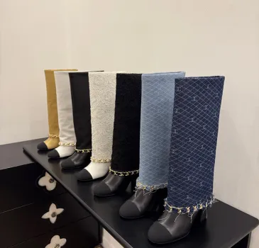 Chanel Knee - High Boots: Diverse Textures, Gold Chains, a Showcase of Luxe Creativity #A54193