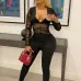Deep V Neck Gauze Patch Black Jumpsuit 