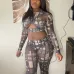 Fall Printed Hollow Out Cropped Top 2 Piece Outfits