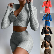 2021 summer new European and American women's yoga clothes fashion solid color long-sleeved casual sports suit women #999901135