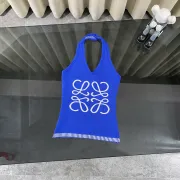 LOEWE Vibrant Blue Knit Halter Top with Iconic White Quatrefoil Motif and Striped Hem for Effortless Chic Style one size #A54227