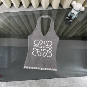 LOEWE Vibrant Grey Knit Halter Top with Iconic White Quatrefoil Motif and Striped Hem for Effortless Chic Style one size #A54229