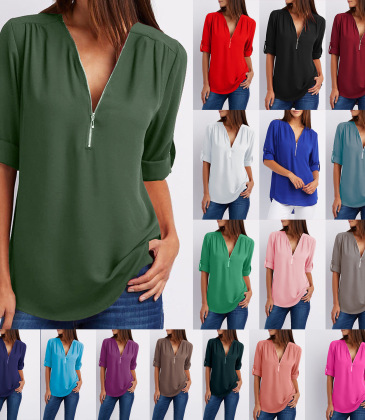 Solid color zipper half-open collar 2021 hot sale women's T-shirt (17 colors) S-5XL-$9.9 #99904348